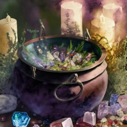 Black cauldron filled with herbs and crystals surrounded by crystals and candles. Image generated by A.I.