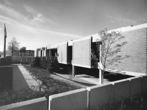 Library Front Exterior Spring, 1977. Black and white.