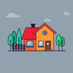 Quaint house with a fence and trees. Illustration.
