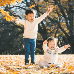Two toddlers play outside among fall leaves.