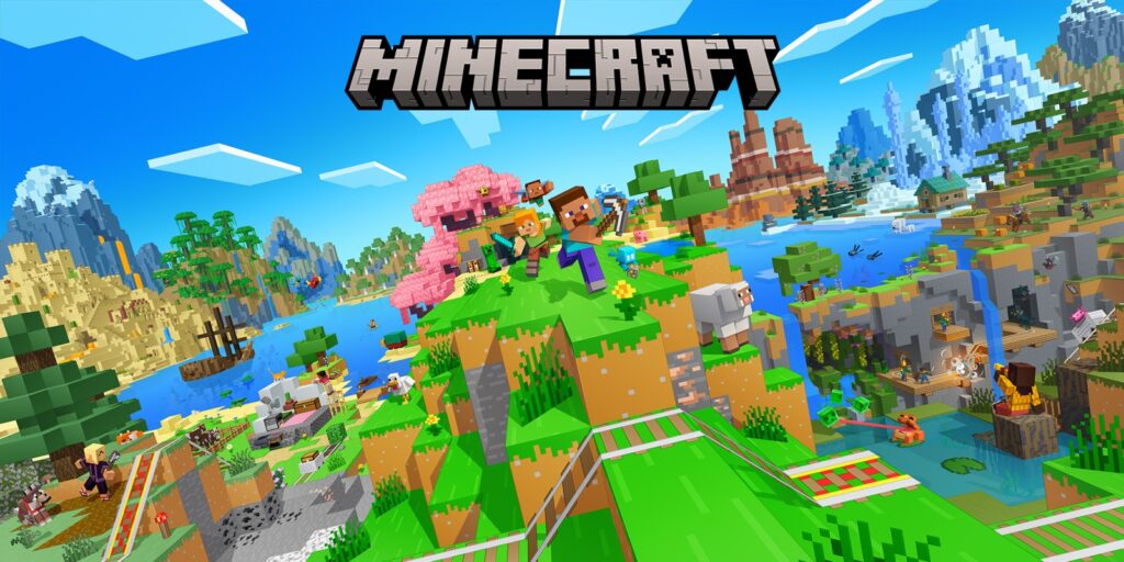 Minecraft video game image with characters running and flying through a colorful world