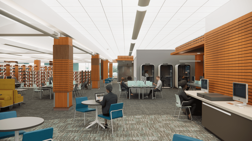 3-D rendering of computer area with view of study rooms and private study pods.