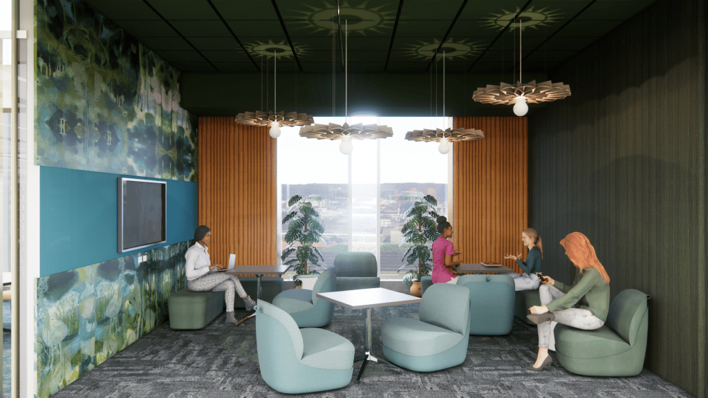 3-D rendering of teen hangout room.