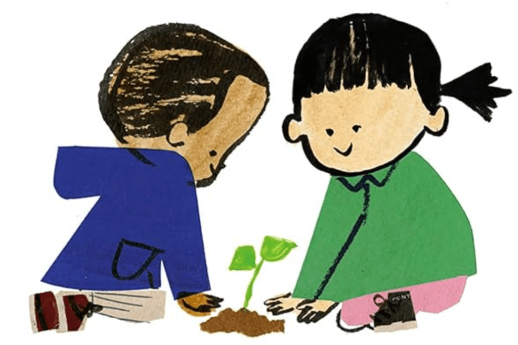 Two children planting a seedling between them. Illustration.